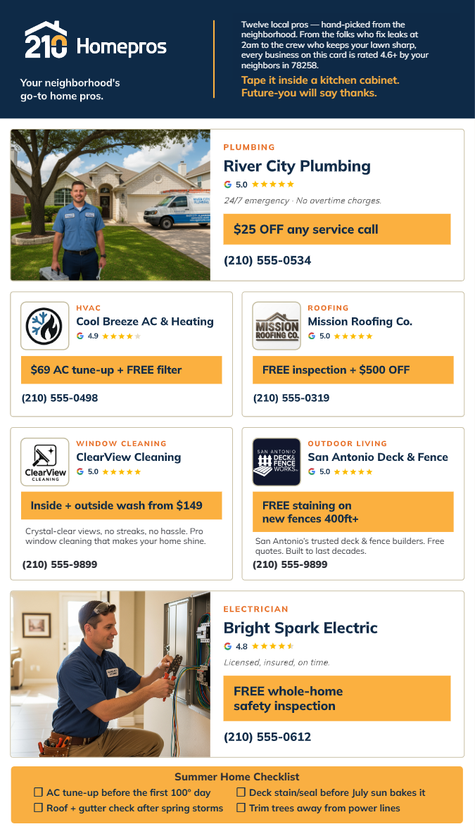 The 210 Homepros card — twelve local pros for Stone Oak & Timberwood Park
